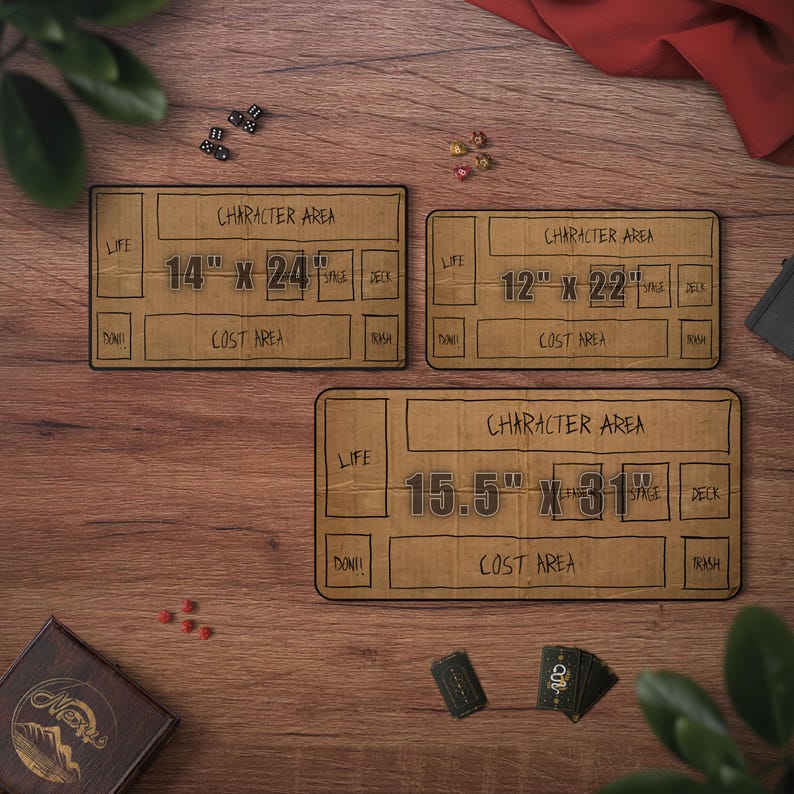May include: Three brown cardboard game mats with black outlines and text, including "Character Area" and measurements of 14" x 24", 12" x 22", and 15.5" x 31". Dice, cards, and a wooden box are scattered around the mats on a wooden surface.