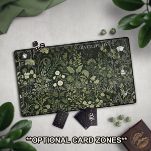 Green Botanical TCG Playmat, Floral Nature Mat With EDH Card Zones, Large Extended Mat With Commander Zones