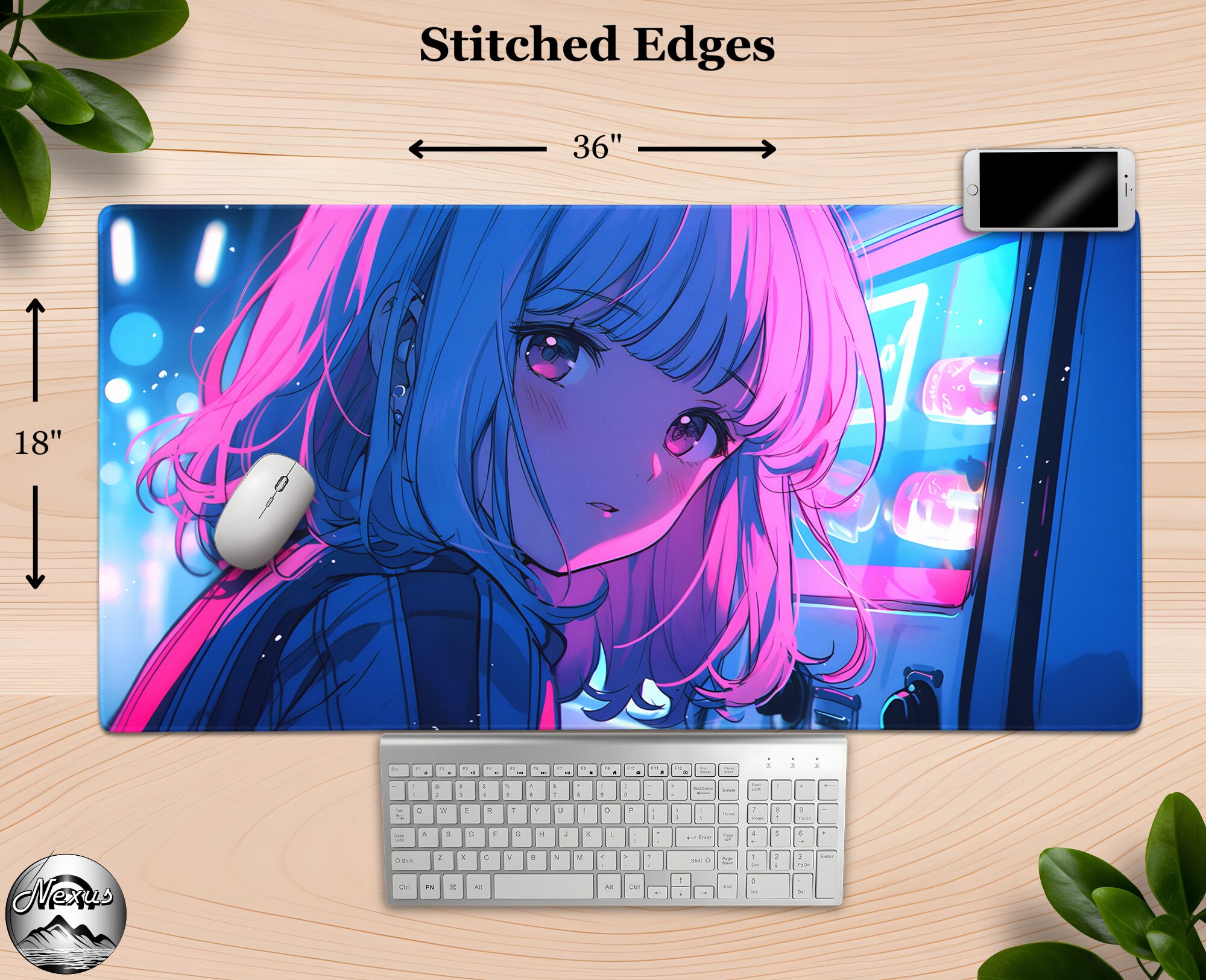 Neon Dreamer Cute Anime Girl Mousepad, Retro Synthwave Desk Mat