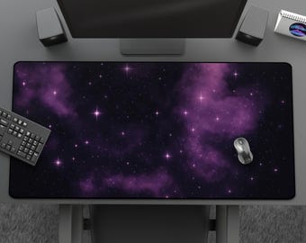 Purple & Black Galaxy Gaming Mousepad, Aesthetic Clouds And Stars Desk Mat, Dreamy Space Art, Cute Large Extended Mat For Gaming or Office