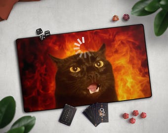 Funny Black Cat TCG Playmat, Head Empty Cat Play Mat With EDH Card Zones, Derpy Slow Cat & Fire For Cat Themed Deck, TCG Gag Gift