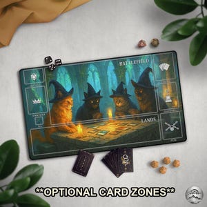Witchy Cats Playing Cards TCG Playmat, Cute Cats Fantasy Mat With EDH Card Zones, Extended Playmat For Cat Deck, Cats in Mytstic Ruins