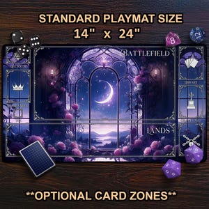 Lunar Vista - Purple Witchy Fantasy Moon TCG Playmat, MTG Mat With Card Zones, Floral Gothic Victorian Aesthetic, Large Extended Playmat