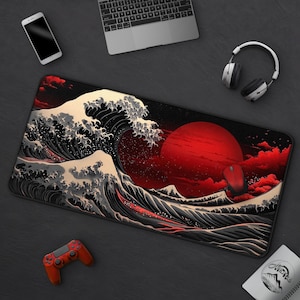 Crimson Wave - Cool Great Wave-Inspired Mousepad, Red & Black Japanese Desk Mat, Large Ukiyo-e Red Sun Gaming Mat, Modern Asian Office Decor
