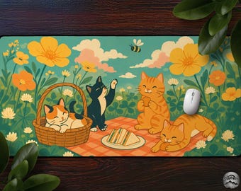 Cute Cats In Nature Mousepad, Floral Picnic Cats Desk Mat, Retro Scenic Cat Art, Large Gaming Mat, Cat Lover Gift, Aesthetic Office Decor