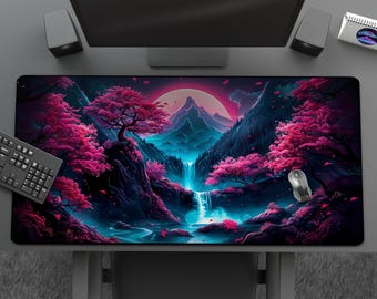 Cool Japanese Neon Forest Mousepad, Sci-Fi Waterfall & Mountains Desk Mat, Large Anime Mat For Gaming, Office Decor, Futuristic Eastern Art
