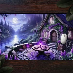 Purple Cottagecore Mousepad, Cozy Witchy Fantasy Desk Mat, Dark Floral Moon & Night Sky, Books Magic And Plants, Cute Gothic Cottage By Lake