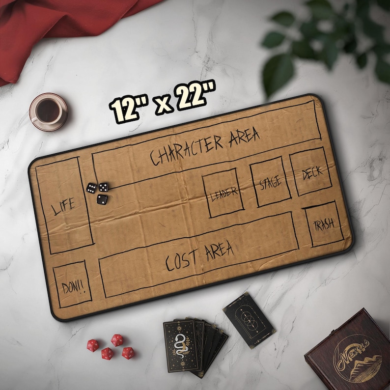 May include: A rectangular game mat, measuring 12" x 22", with a brown cardboard design and black border. The mat is divided into labeled sections for gameplay, including "Character Area" and "Cost Area". Dice and cards are placed on the mat.