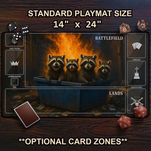 Raccoon Dumpster Fire TCG Playmat, Funny Trash Panda MTG Mat With Card Zones, Large Extended Playmat, Cute Gag Gift, Silly Meme Animal Art