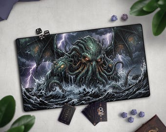 Cthulhu TCG Playmat, Eldritch Horror Mat With Optional EDH Card Zones, Large Extended Game Mat, Ocean Storm, Dark Fantasy, Mythical Creature