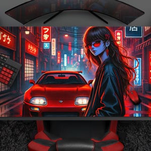 Speed and Style - Cool Anime Girl & Car Desk Mat, Large Gaming Mat,  Japanese Urban Office Decor, Neon Red Cyberpunk Art, City Night Waifu