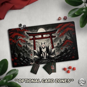 TCG Playmat: White Fox Spirit & Moon, Cool Kitsune TCG Mat With EDH Card Zones, New Player Gift For Fox Themed Deck, Cool Yokai, Red Black