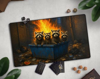 Raccoon Dumpster Fire TCG Playmat, Funny Trash Panda Mat With EDH Zones, Large Extended Playmat, Cute Gag Gift, Silly Meme Animal Art
