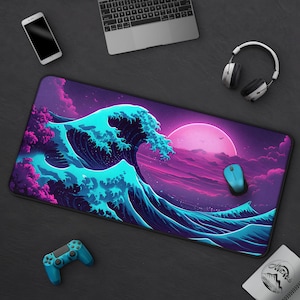 Neon Great Wave Off Kanagawa Gaming Mousepad, Retro Synthwave Desk Mat, Anime Vaporwave, Large Japanese Wave Mat, Retrowave Decor For Office