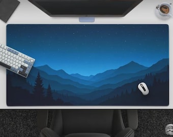 Calming Forest Night Desk Mat, Blue Starry Night Sky Mousepad, Minimalist Mountain Mat, Extended Gaming Mat, Modern Office Decor
