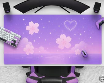 Cute Pastel Purple Pink Desk Mat, Kawaii Sakura Gaming Mousepad, Cherry Blossoms & Dreamy Clouds, Large Extended Anime Mouse Pad