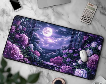 Lunar Purple Floral Mousepad, Moonlit Rose Desk Mat, Gothic Victorian-Inspired Night Scene, Dark Flora, Large Mousepad For Gaming & Office