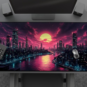 Desk Mat: The Cyber City - Cool Cyberpunk Desk Mat, Neon Cityscape Sunset, Large Gaming Mat, Futuristic Urban Synthwave Office Decor