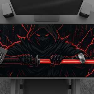 Dark Ninja Gaming Mouse Pad, Red & Black Samurai Desk Mat, Cyberpunk Assassin Desk Decor, Cool Extended Cyber Anime Mousepad for Gamers