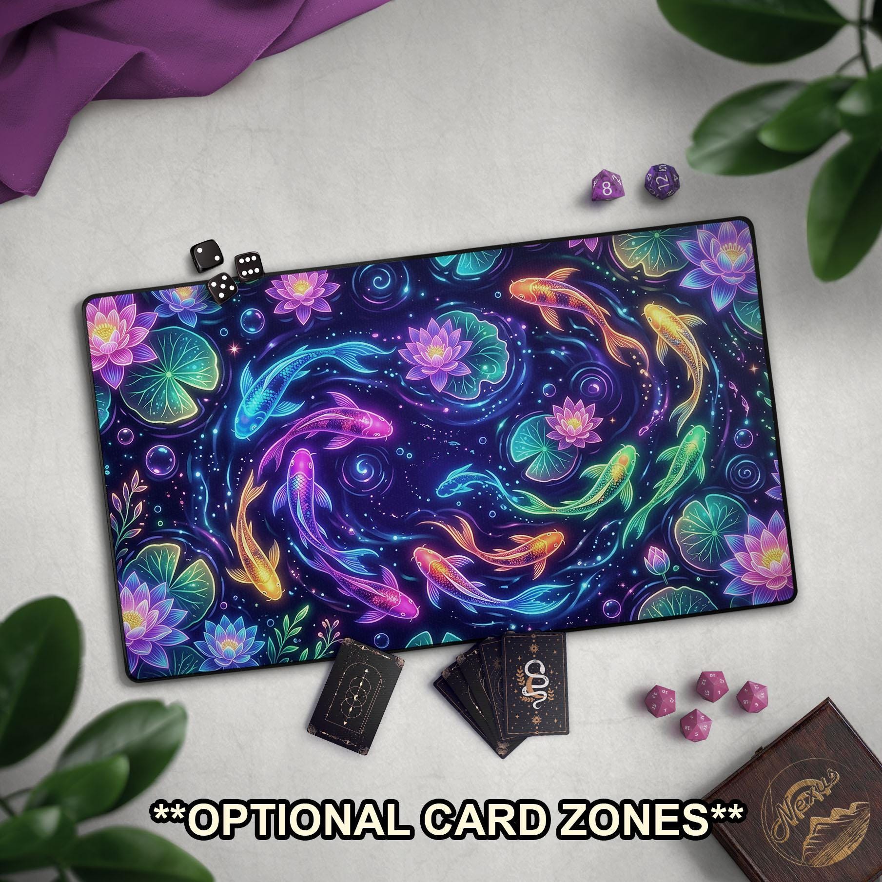 Neon Koi Fish TCG Playmat, Cyber Koi Pond With EDH Card Zones, Large ...