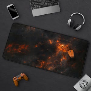 Firey Nebula Gaming Mousepad, Abstract Space Galaxy Desk Mat, Large Orange Black Cosmic Mat, Sci-Fi Universe Themed, Cool Office Gift