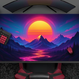 Retro 80&#39;s Synthwave Mountain Gaming Mousepad, Vibrant Neon Sunset River Desk Mat, Vaporwave Landscape Gaming Desk Decor, Gift For Gamer
