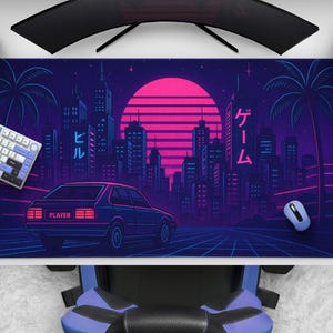 Retro Synthwave Gaming Mousepad, Neon Vaporwave City Desk Mat,  80s Aesthetic Sunset, Cyberpunk, Large Extended Mat For Car Lovers & Gamers