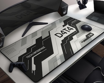 Black White Grey Cyberpunk Desk Mat, Futuristic Tech Interface Gaming Mousepad, Cool Sci-Fi Fantasy Design, Large Extended Mouse Pad