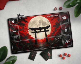 Japanese Torii & Moon TCG Playmat, Cool Red Sky Forest Mat With EDH Zones, Eastern Fantasy Landscape, Anime Lover Gift, Extended Playmat