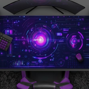 May include: A large, rectangular gaming mousepad with a futuristic, neon-lit design in shades of purple and blue. The pad features a circular, technological graphic, a keyboard, mouse, and game controller. The setup is on a gray surface.