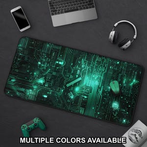Tech Matrix  - Green Cyber Grid Desk Mat, Cool Cyberpunk Hacker Mousepad, Large Gaming Mat, Futuristic Office Decor, Green Circuit Board Art