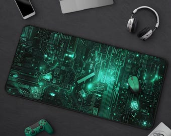 Tech Matrix  - Green Cyber Grid Desk Mat, Cool Cyberpunk Hacker Mousepad, Large Gaming Mat, Futuristic Office Decor, Green Circuit Board Art