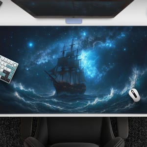 Desk Mat: Celestial Voyage - Ocean Waves & Pirate Ship Mousepad, Large Gaming Mat For Deep Sea Lovers, Blue Night Sky Fantasy Art With Boat