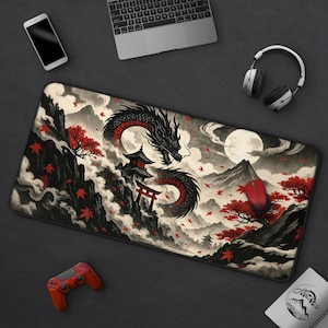 Red & Black Dragon Gaming Mousepad, Cool Scenic Japanese Fantasy Desk Mat, Large Mat For Gamer or Anime Lover Gift, Stylized Inkwash Art