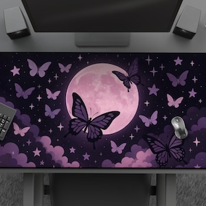 Cute Pastel Goth Butterfly & Clouds Mousepad, Kawaii Pink Black Purple Gothic Desk Mat, Large  Fantasy Mat with Dreamy Clouds And Moon