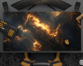 Golden Nebula - Black & Gold Cosmic Mousepad, Cool Galaxy Desk Mat, Large Gaming Mat, Space-Inspired Office Decor, Interstellar Night Sky
