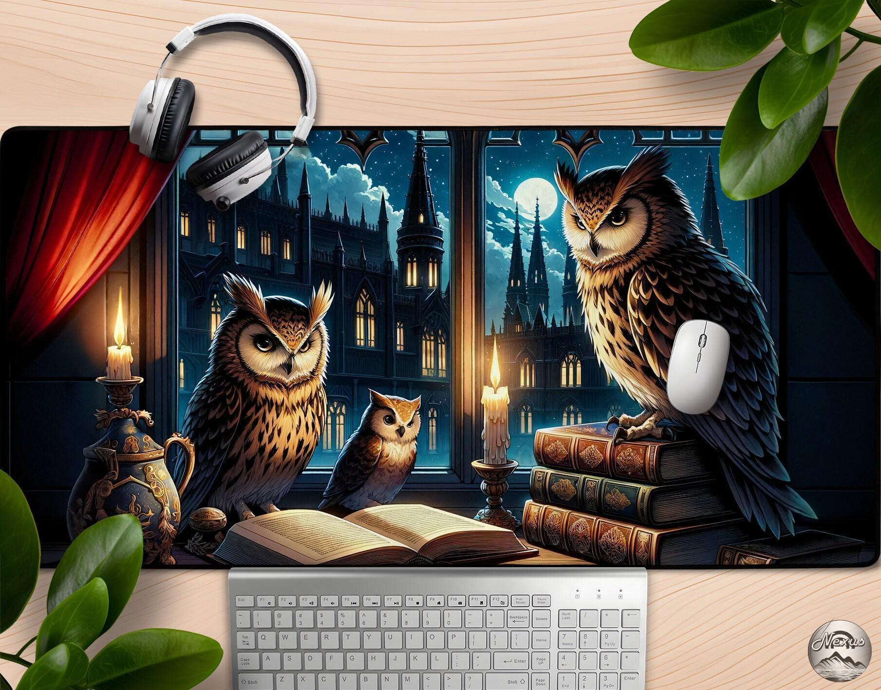 The Owl Family - Dark Academia Mousepad, Gothic Fantasy Desk Pad, Mystic Library, Tomes & Candles, Large Anime Mouse Pad,  Desk Accessories