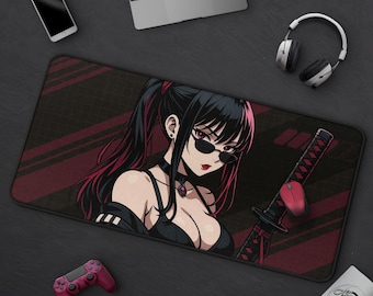 Cool Anime Cyberpunk Katana Girl Mousepad, Red & Black Waifu Desk Mat, Large Extended Gaming Mat, Stylish Mat For Anime Lovers And Gamers