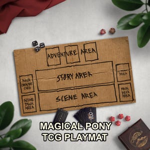 May include: A rectangular cardboard playmat for a trading card game featuring hand-drawn black ink outlines and labels including Adventure Area, Story Area, Scene Area, Main Character Card, Retirement Area, Scene Deck Area, and Main Deck Area.