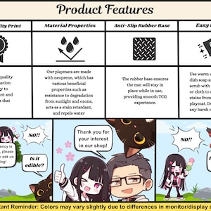 May include: A graphic detailing product features, including print quality, material properties, anti-slip base, and ease of cleaning. The image uses cartoon illustrations and text to explain the benefits of the product.