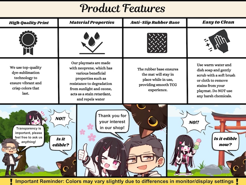 May include: A graphic detailing product features, including print quality, material properties, anti-slip base, and ease of cleaning. The image uses cartoon illustrations and text to explain the benefits of the product.