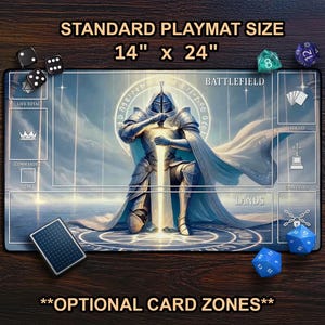 Playmat: Divine Guardian - Holy Knight MTG Mat With Card Zones, Divine Magic Warrior, Anime Fantasy Style, Extended Playmat, Gamer Gift
