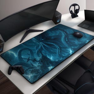 Kraken Sea Monster Gaming Mousepad, Ship Wreck & Stormy Seas Desk Mat, Cthulhu Inspired Art, Dark Fantasy Decor For Gamers And Office