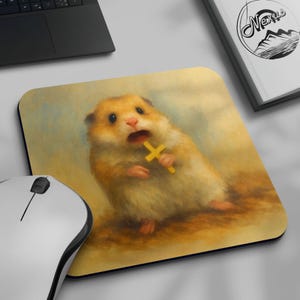 Funny Hamster Mouse Pad, Terrified Hamster With Cross Mouse Mat, Funny Animal Art, Silly Gag Gift For Office & Gaming, Cute Rodent Desk Pad