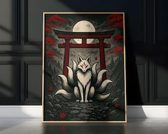 Japanese Fox Spirit Wall Art Print, Nine-Tailed White Fox Print, Anime Inspired Ukiyo-e Kitsune,  Black & Red Torii Shrine Under Full Moon