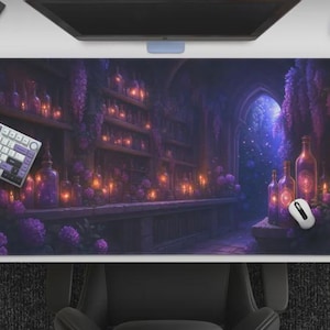 Witchy Potion Library Desk Mat, Purple Floral Apothecary Mousepad, Dark Academia Study, Large Gaming Mat, Cottagecore Fantasy Bookshelf