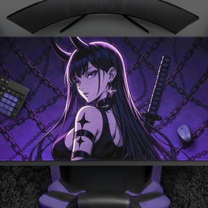 Oni Samurai Anime Girl With Chains Gaming Mousepad, Cool Purple Aesthetic Katana Waifu Desk Mat, Large Extended Mat For Gamer or Home Office