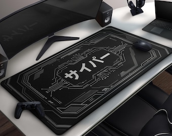 May include: Black rectangular gaming mouse pad with a circuit board design and Japanese text. A computer mouse, a game controller, and a curved monitor are on the white desk. A pair of headphones sits on a stand.