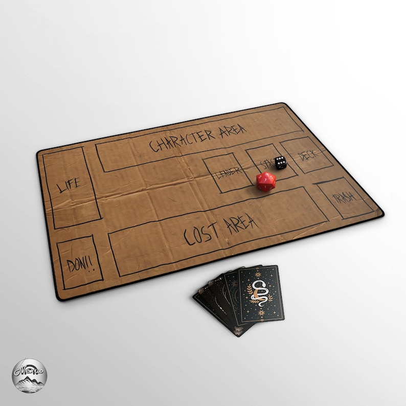 May include: A brown game mat with black borders and handwritten labels for game areas. The mat has a black die and a red die, along with a deck of cards with a snake design. The mat is designed for tabletop gaming.