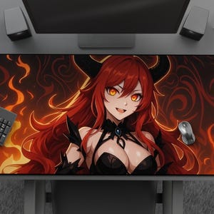 Anime Demon Girl Mousepad, Cool Waifu Desk Mat With Flames, Large Extended Gaming Mat For Anime Lovers & Gamers, Tasteful Anime Girl Art